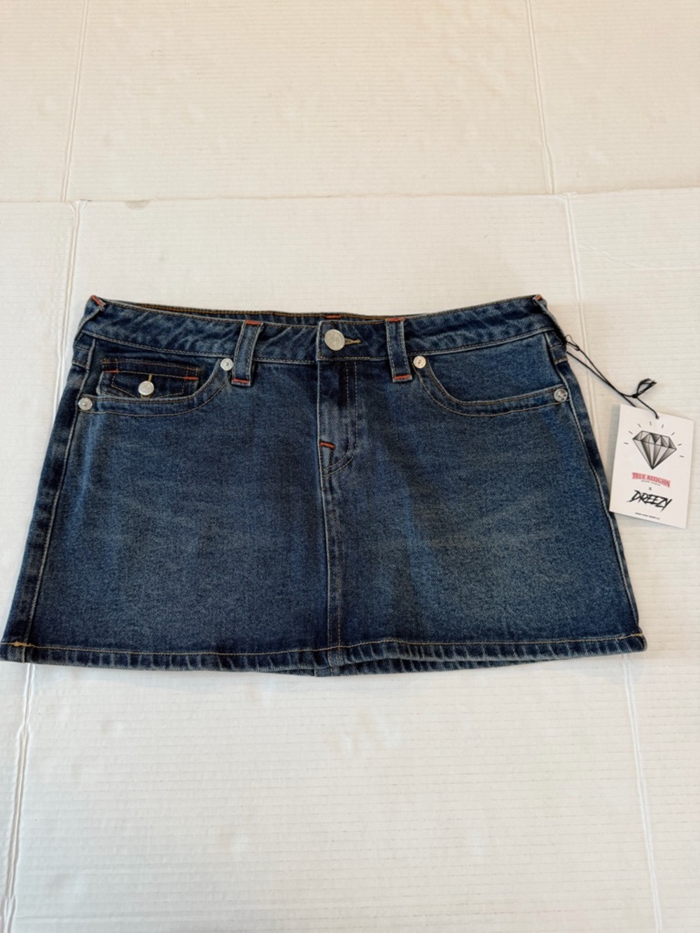 True Religion X Dreezy Indigo Denim Mini Skirt flap pocket
